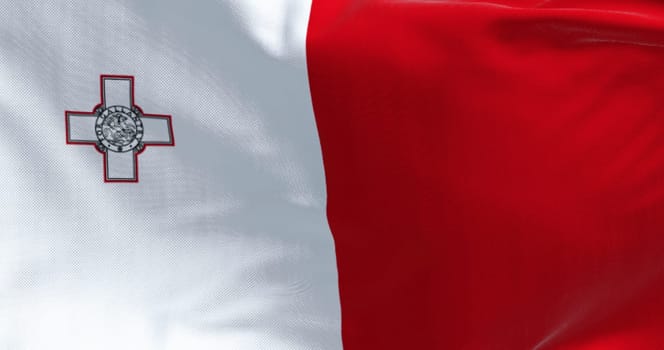 Close-up of Malta national flag waving in the wind. White and red with George Cross in white stripe canton. 3d illustration render. Fluttering fabric.