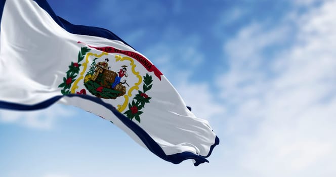 Close-up of West Virginia state flag waving in the wind. White field, blue border, state coat of arms, and red ribbon. 3d illustration render. Fluttering fabric. Textured textile background