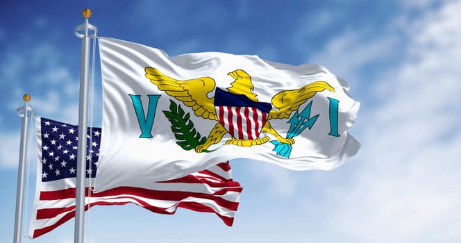 United States Virgin Islands flag waving with the american flag. The Virgin Islands of the US, are an unincorporated and organized territory of the US. 3d illustration render. Rippling fabric