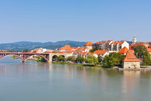 Skyline of Maribor city embankment in the sunny day, Slovenia