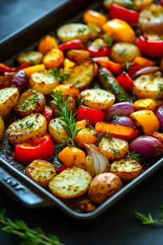 a rustic baking sheet filled with freshly roasted vegetables, including colorful peppers, onions, potatoes, zucchini and whole garlic cloves. Ai generative.