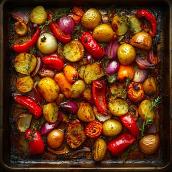 a rustic baking sheet filled with freshly roasted vegetables, including colorful peppers, onions, potatoes, zucchini and whole garlic cloves. Ai generative.
