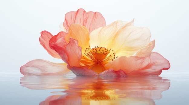 Lotus leaf, water reflection, perspective aesthetics, soft gradient colors, red and yellow, minimalist image from ancient China. AI generative.