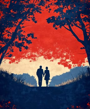 elderly couple is taking a walk in the country lane under the shade of trees. AI generative.