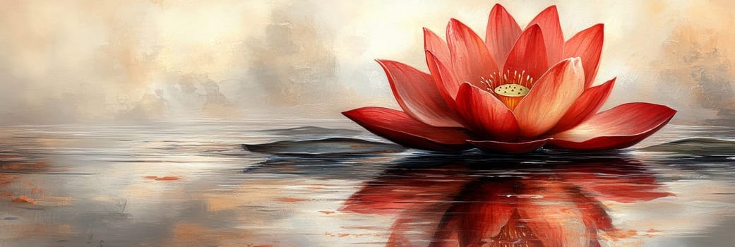 Lotus leaf, water reflection, perspective aesthetics, soft gradient colors, red and yellow, minimalist image from ancient China. AI generative.