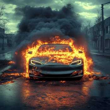 electric car engulfed in flames. AI generative.