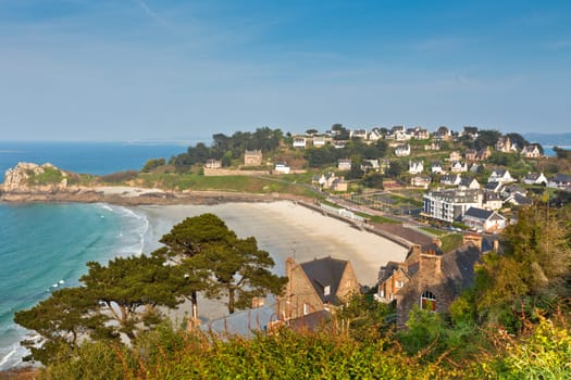 Perros-Guirec, small town in Western Brittany, France, aerial view