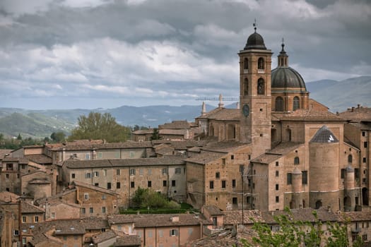 Old Urbino, Italy, cityscape at dull day. Horizontal toned and vignetted image