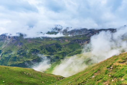 The Grossglockner high Alpine road area in overcast foggy weather