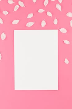 Creative flat lay concept top view of blank postcard mock up and apple tree flowers petals on pastel pink background with copy space in minimal style, template for text