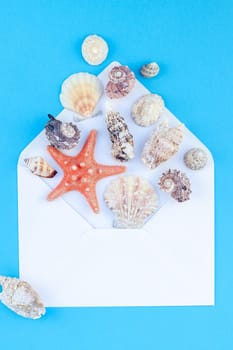 Creative flat lay concept of summer travel vacations. Top view of seashells and starfish on turquoise blue background with postcard mock up and copy space in minimal style, template for text