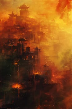 Ancient asian pagoda cityscape in mystical sunset sandstorm orange glow, fantasy setting, background, AI generated