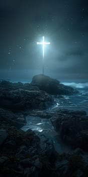 Cross illuminated on rocky seashore at night with starry sky, background, AI Generated
