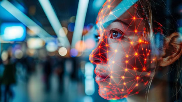 Woman face with digital grid pattern on dark blue background, authentication scanning concept, AI generated