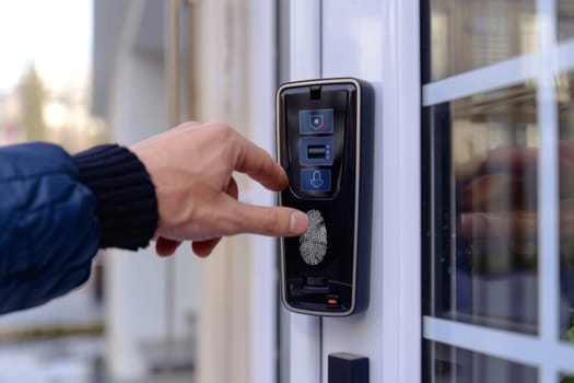 Fingerprint scanning on entrance door representing smart home technology security, AI Generated