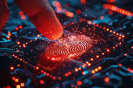 Finger touching digital fingerprint scanner on glowing virtual keyboard, identification concept, AI Generated