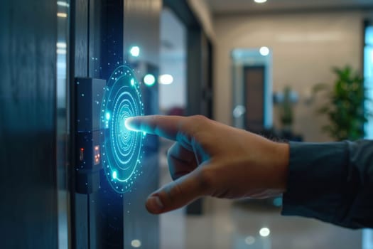 Fingerprint scanning on entrance door representing smart home technology security, AI Generated