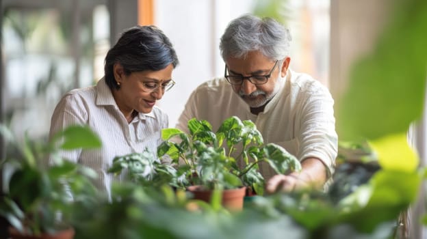 Couple caring houseplants at home. Indian mature man and woman with green plants. AI Generated