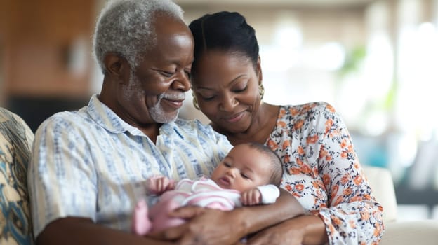 Elderly man and woman joyfully holding baby indoors, concept of generations, AI Generated