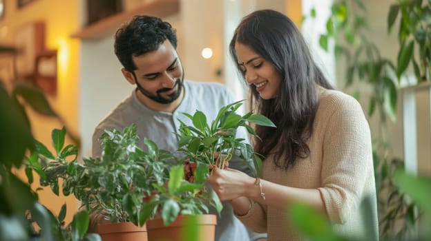 Couple caring houseplants at home. Indian young man and woman with green plants. AI Generated