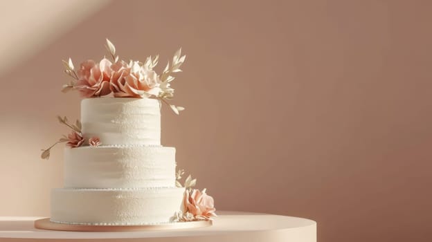 Wedding cake with beautiful flowers on solid pastel color background, copy space, AI Generated