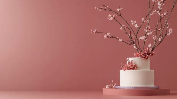 Wedding White tiered cake with pink blossom on pastel background, copy space, AI Generated
