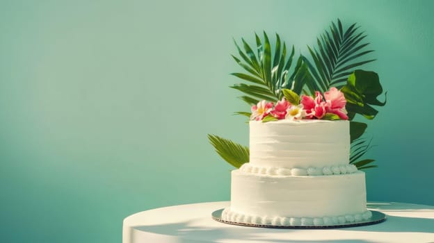 Tropical wedding floral cake with vibrant flowers on solid color background, copy space, AI generated