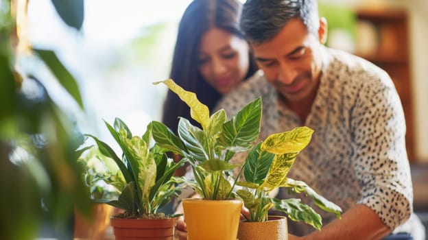 Couple caring houseplants at home. Multiracial middle aged man and woman with green plants. AI Generated
