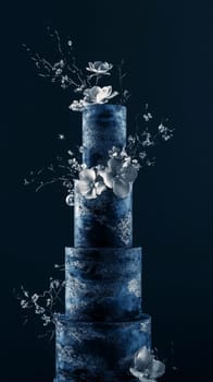 Elegant tiered wedding cake with white natural decor, dark background, copy space, AI Generated