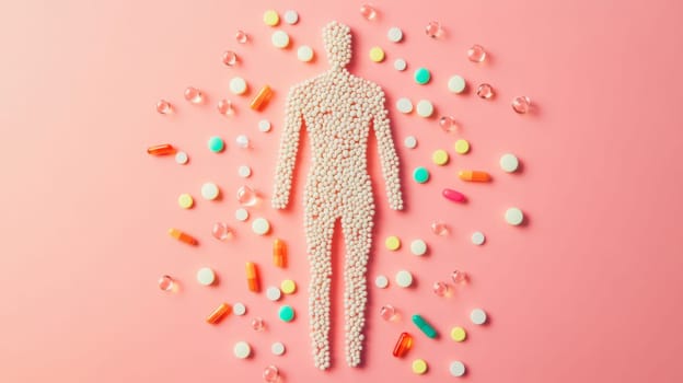 Human figure made of assorted pills on color background, symbolizing healthcare, AI Generated