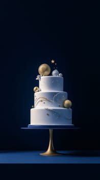 Three-tier white wedding cake with celestical decorations on dark blue solid background, copy space, AI Generated