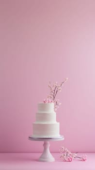 Wedding White tiered cake with pink blossom on pastel background, copy space, AI Generated