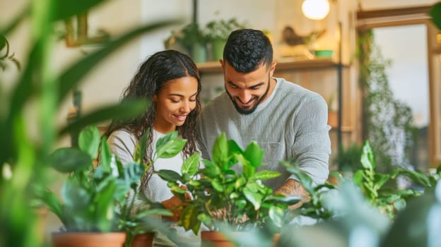Couple caring houseplants at home. Multiracial middle aged man and woman with green plants. AI Generated