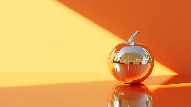 Pumpkin mirror ball in sunlight on the floor background with copy space, AI Generated