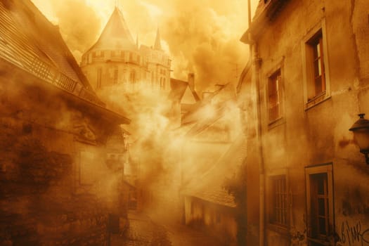 Misty village landscape with medieval architecture covered in thick orange fog, background, AI Generated