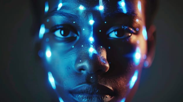 Human face with digital network pattern on dark background, authentication scanning concept, AI generated