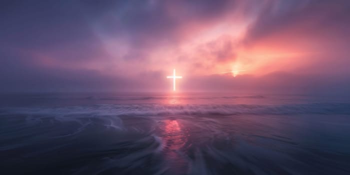Ocean sunrise with glowing cross in the sky, concept of peace and hope, background, AI Generated