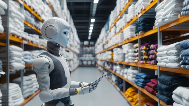 Robot in warehouse with shelves stocked with textile, concept of automation, AI generated