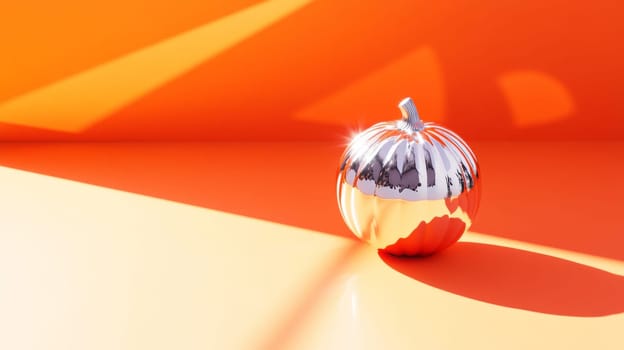 Pumpkin mirror ball in sunlight on the floor background with copy space, AI Generated