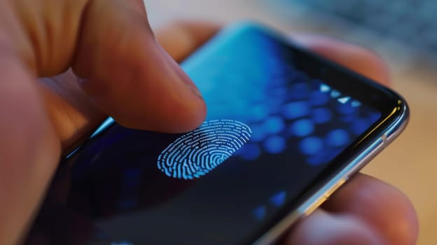 Fingerprint scanning on smartphone screen representing technology security, AI Generated