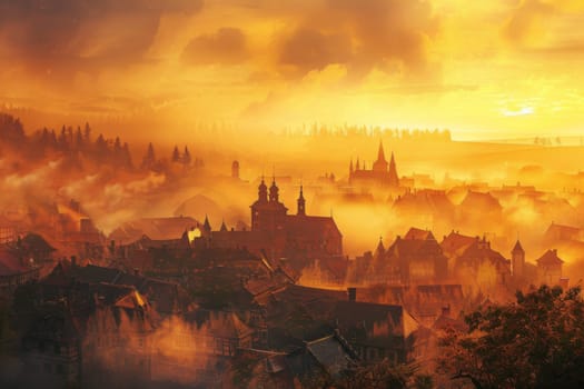 Misty village landscape with medieval architecture covered in thick orange sand storm fog, background, AI Generated