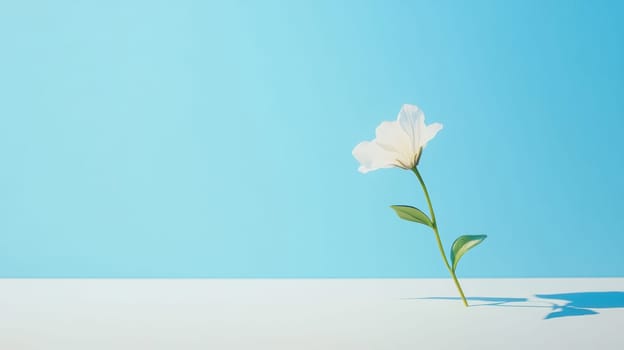 Single white flower casting shadow on blue surface, minimal design background, AI generated