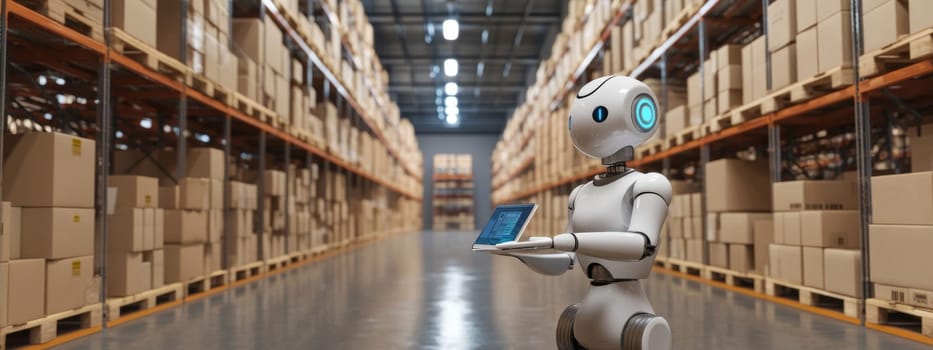 Robot holding tablet in warehouse filled with cardboard boxes, logistics technology concept, AI Generated