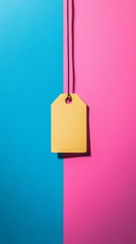 Blank price tag mockup with string on color background, AI Generated
