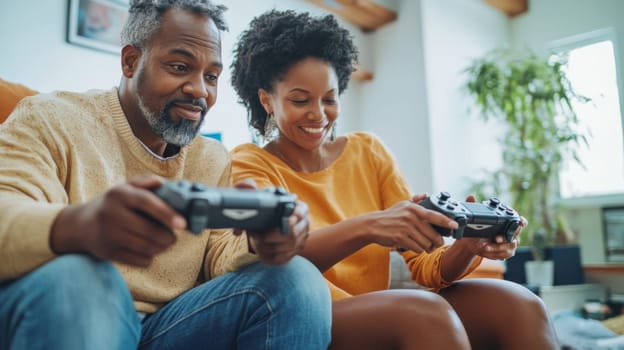 Senior african american couple enjoying video games together, concept of fun and bonding, AI Generated