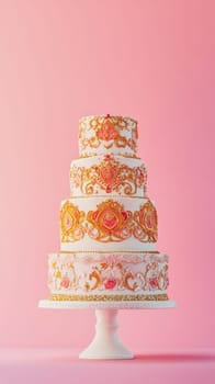 Tiered native wedding cake decorated with ornate gold accents and hearts, color background, AI Generated