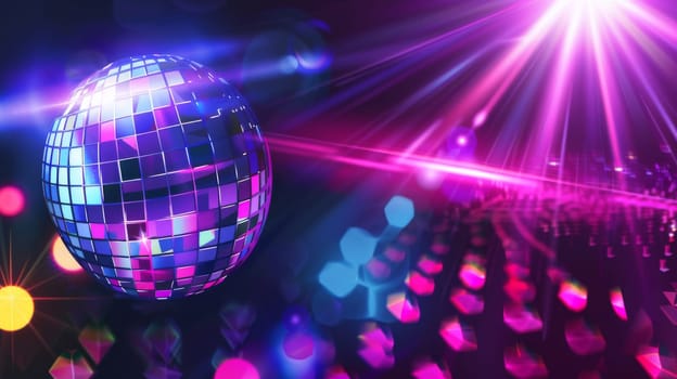 Disco ball reflecting neon lights creates vibrant party atmosphere, background, AI generated