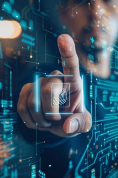 Finger touching digital fingerprint scanner on glowing virtual keyboard, identification concept, AI Generated