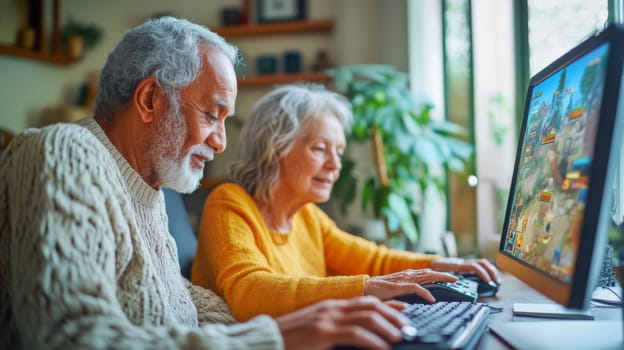 Senior multiracial couple enjoying video game together on computer monitors, concept of leisure