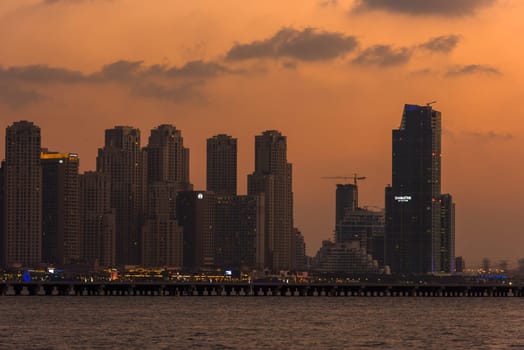 UAE, DUBAI - DECEMBER 28: Evening cityscape of Dubai city, United Arab Emirates on December 28, 2014